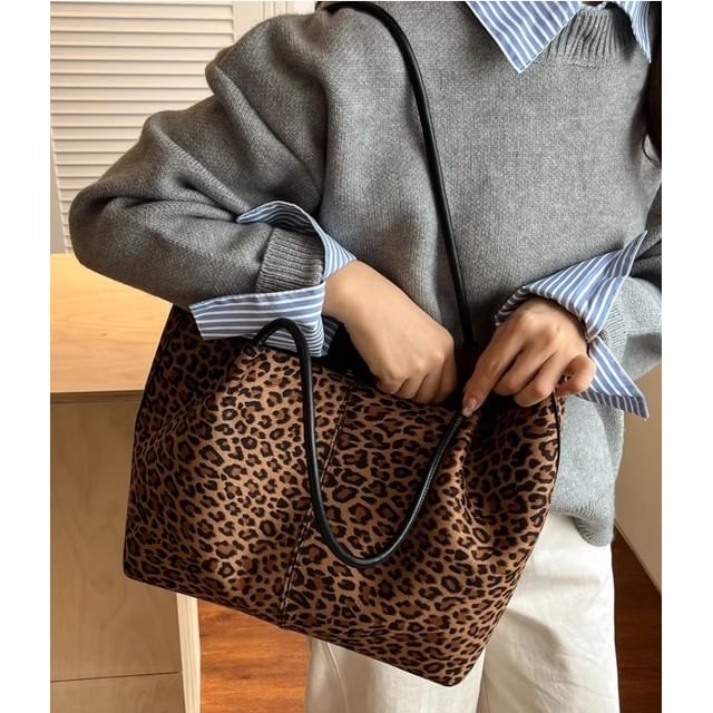 Skyglow-Leopard Print Faux Suede Tote Bag