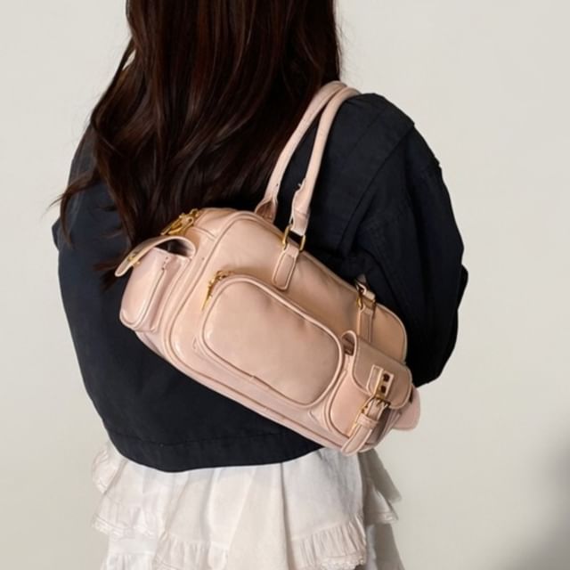Skyglow-Multi-Pocket Faux Leather Bowler Bag