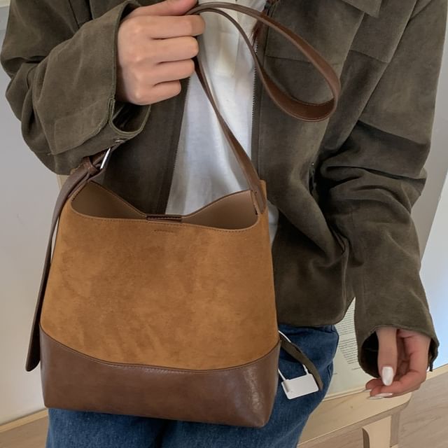 Skyglow-Panel Faux Leather Bucket Bag