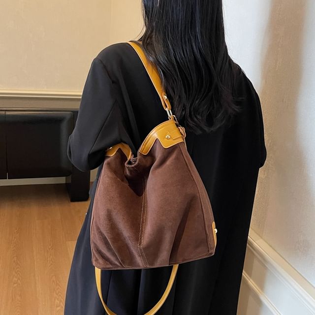 Skyglow-Panel Faux Suede Tote Bag