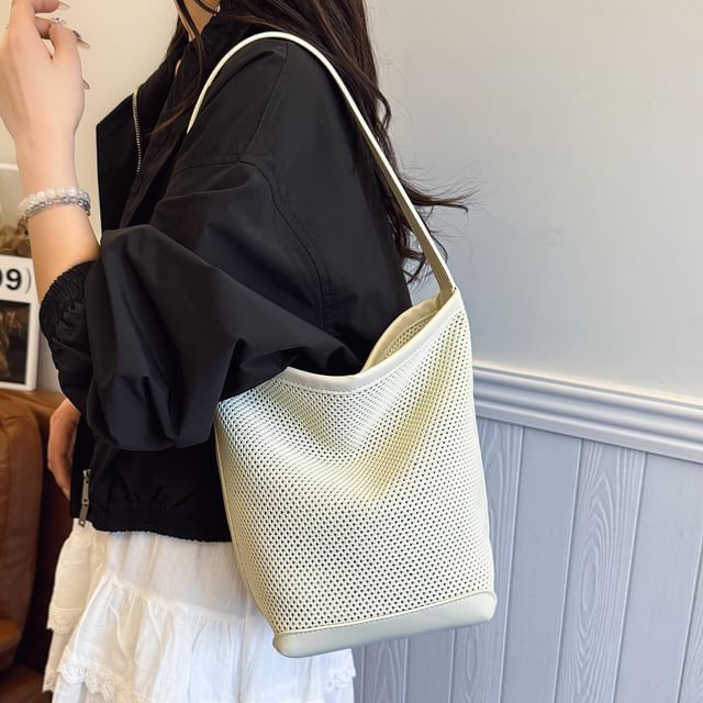 Skyglow-Panel Mesh Bucket Bag With Drawstring Pouch