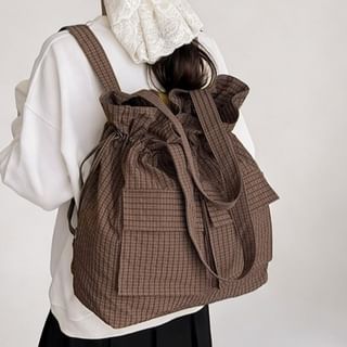 Skyglow-Plaid Drawstring Nylon Backpack