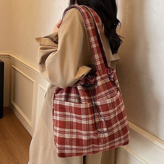 Skyglow-Plaid Drawstring Tote Bag