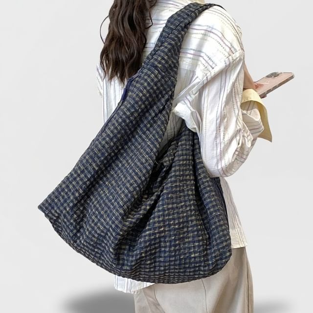 Skyglow-Plaid Fabric Hobo Tote Bag