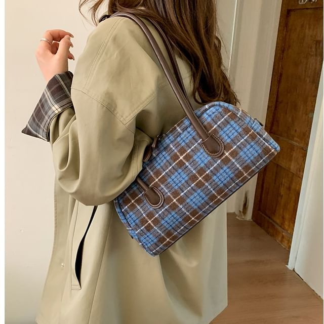 Skyglow-Plaid Fabric Shoulder Bag