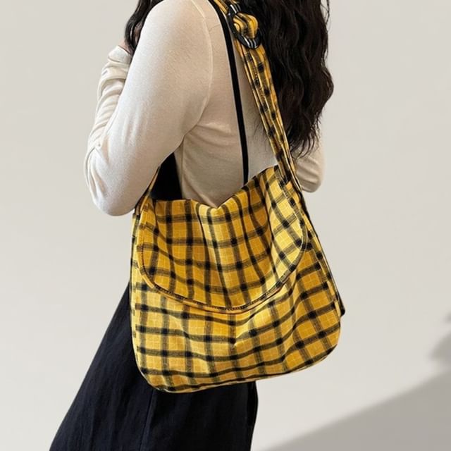 Skyglow-Plaid Flap Adjustable Fabric Messenger Bag