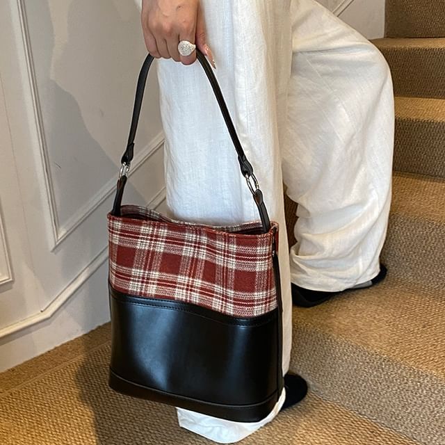 Skyglow-Plaid Panel Bucket Bag
