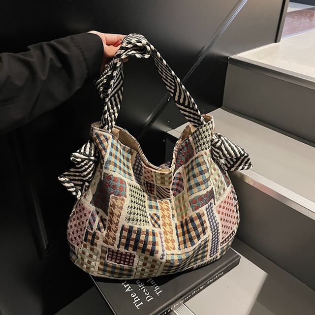 Skyglow-Plaid Panel Tote