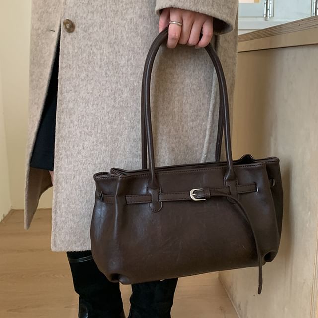 Skyglow-Plain Belted Faux Leather Tote Bag