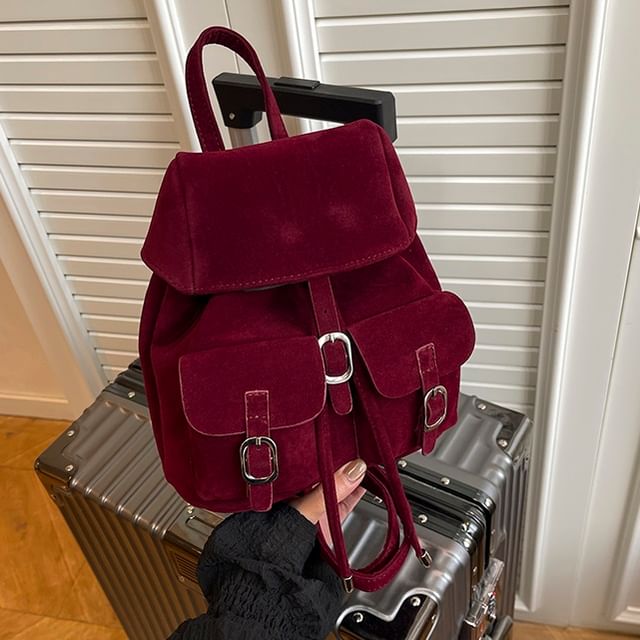 Skyglow-Plain Buckled Drawstring Flap Backpack