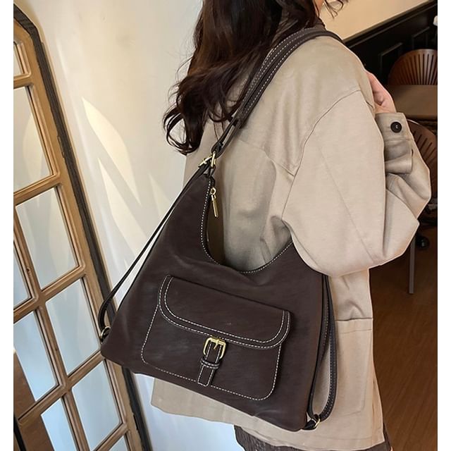 Skyglow-Plain Buckled Faux Leather Backpack