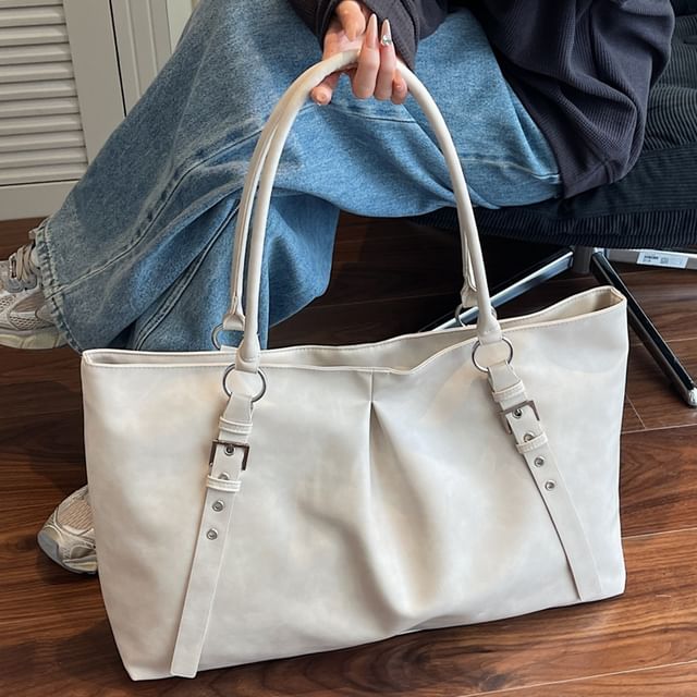 Skyglow-Plain Buckled Faux Leather Tote Bag