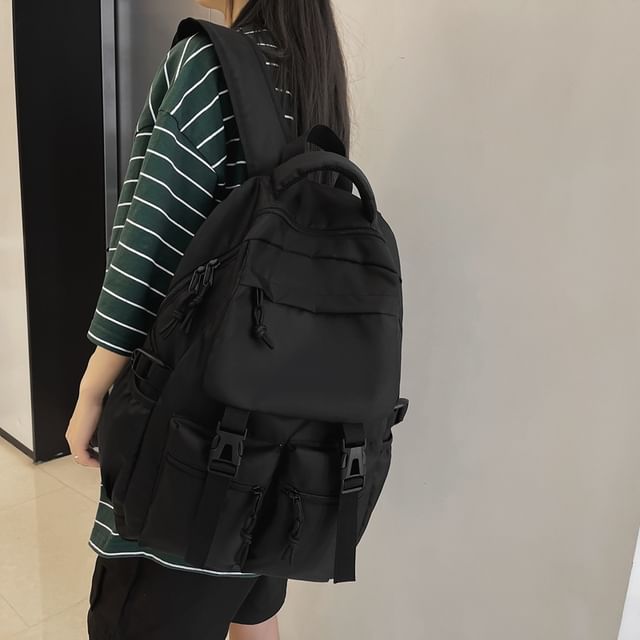Skyglow-Plain Buckled Nylon Backpack