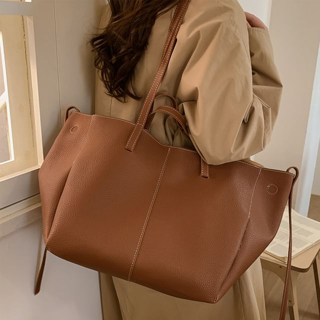 Skyglow-Plain Faux Leather Tote Bag