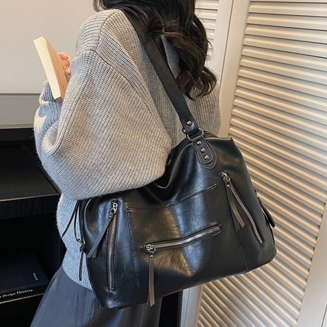 Skyglow-Plain Faux Leather Tote Bag
