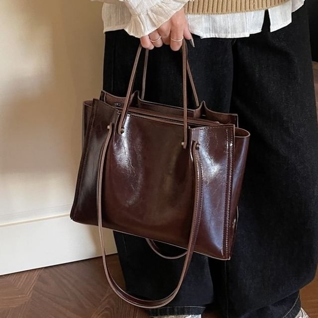 Skyglow-Plain Faux Leather Tote Bag