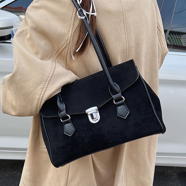 Skyglow-Plain Faux Suede Flap Tote Bag
