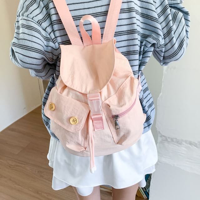 Skyglow-Plain Flap Buckle Drawstring Nylon Backpack