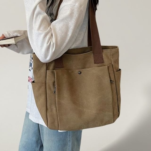 Skyglow-Plain Multi-Pocket Panel Canvas Tote Bag