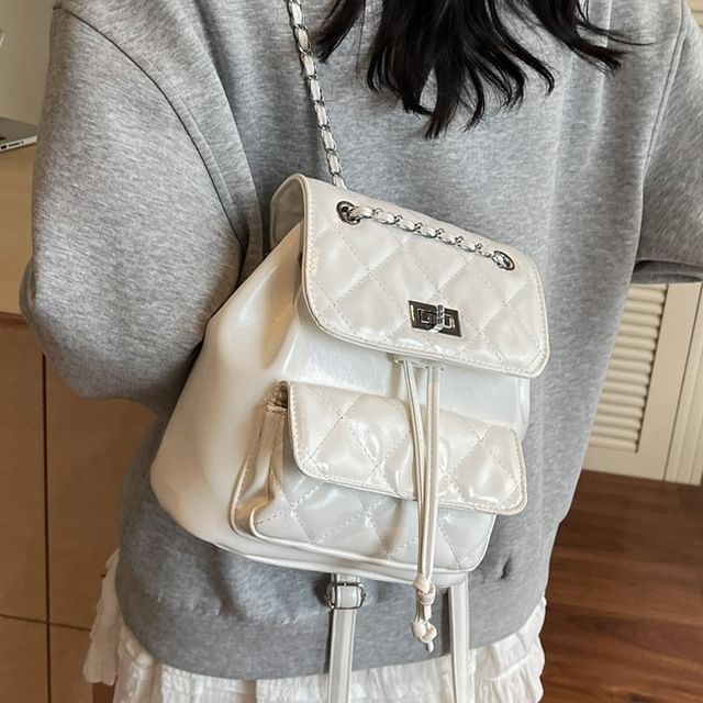 Skyglow-Plain Quilted Faux Leather Flap Backpack