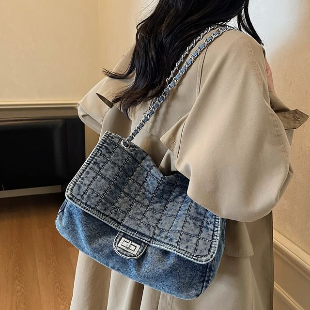 Skyglow-Quilted Denim Flap Shoulder Bag