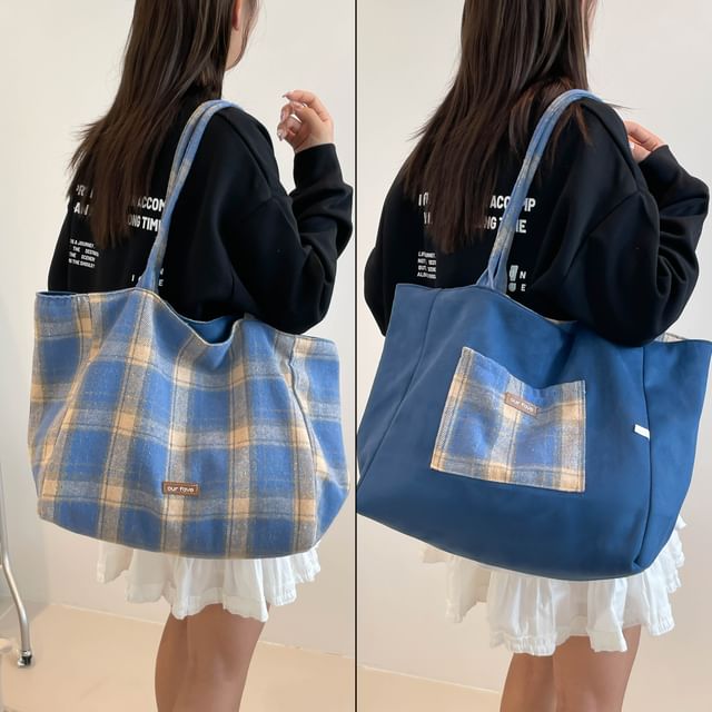 Skyglow-Reversible Plaid Canvas Tote Bag