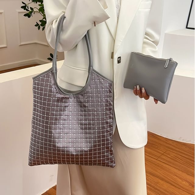 Skyglow-Rhinestone Reversible Tote Bag With Pouch