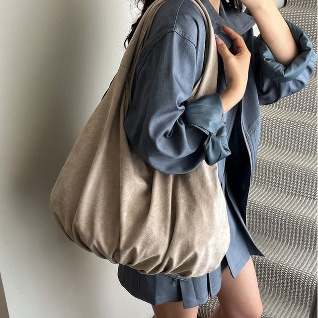 Skyglow-Ruched Faux Suede Tote Bag