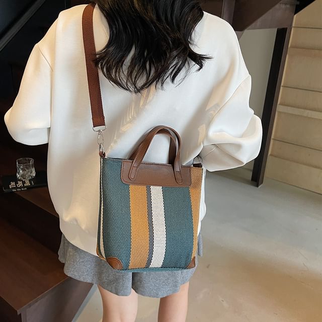 Skyglow-Striped Panel Crossbody Tote Bag