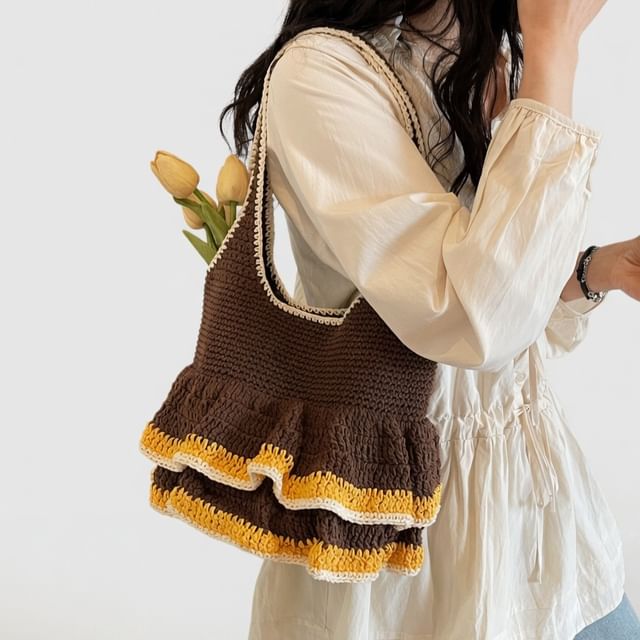 Skyglow-Striped Ruffle Crochet Tote Bag