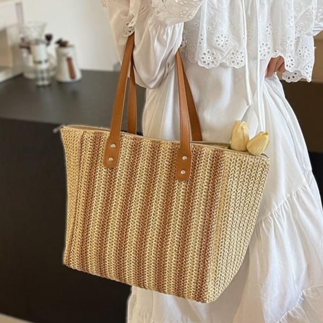 Skyglow-Striped Straw Tote Bag