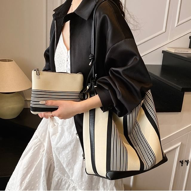 Skyglow-Striped Tote Bag With Pouch