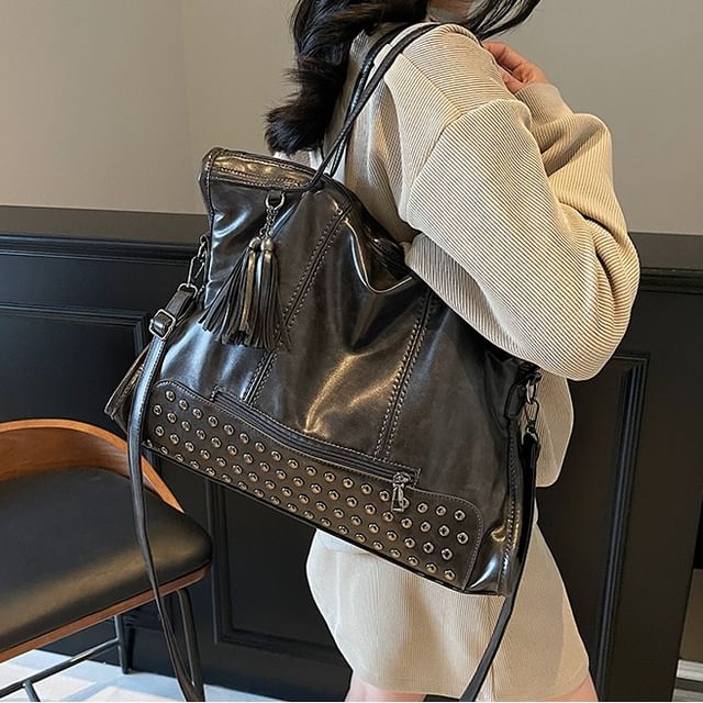 Skyglow-Studded Panel Crossbody Tote Bag