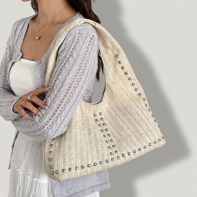 Skyglow-Studded Straw Tote Bag