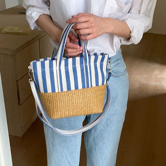 Skyglow-Top Handle Striped Panel Canvas Crossbody Bag