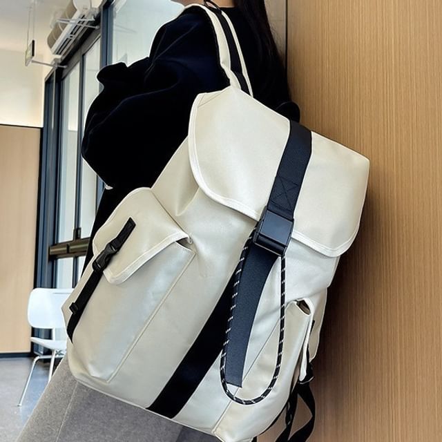 Skyglow-Unisex Plain Buckled Drawstring Nylon Backpack