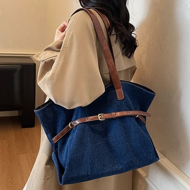 Skyglow-Washed Belted Denim Tote Bag