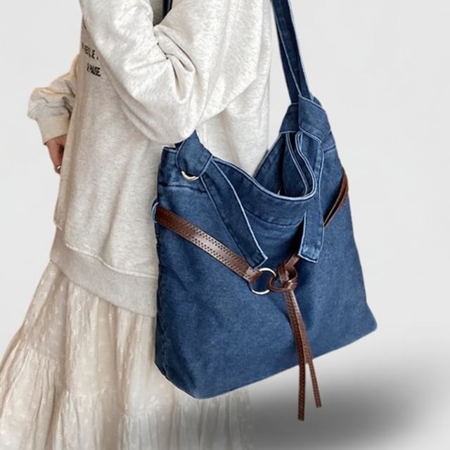 Skyglow-Washed Belted Denim Tote Bag