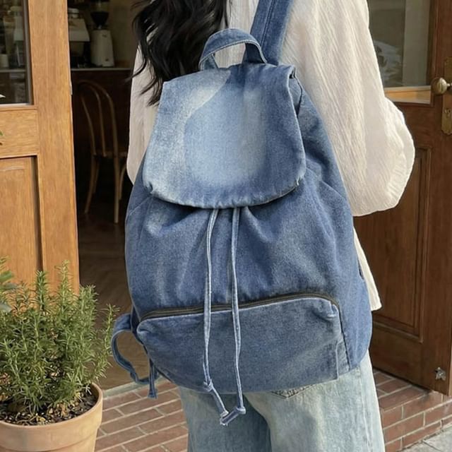 Skyglow-Washed Flap Drawstring Denim Backpack