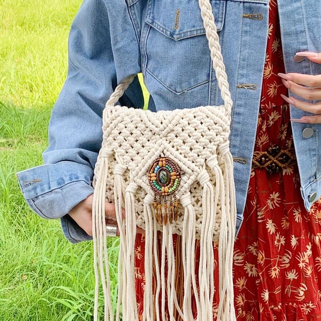 Skyglow-Woven Fringed Shoulder Bag