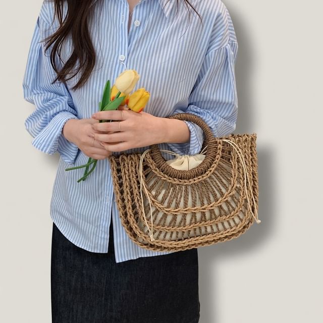 Skyglow-Woven Perforated Tote Bag With Drawstring Pouch