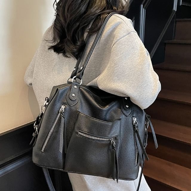 Skyglow-Zip Faux Leather Tote Bag
