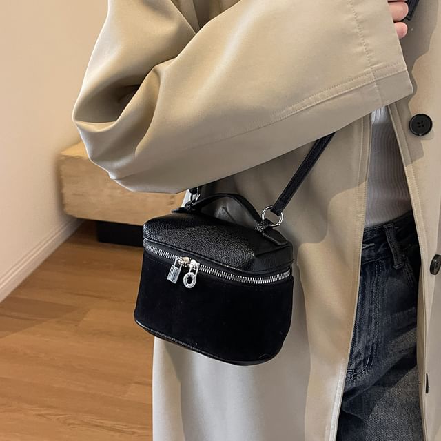 Skyglow-Zip Panel Faux Suede Crossbody Bag