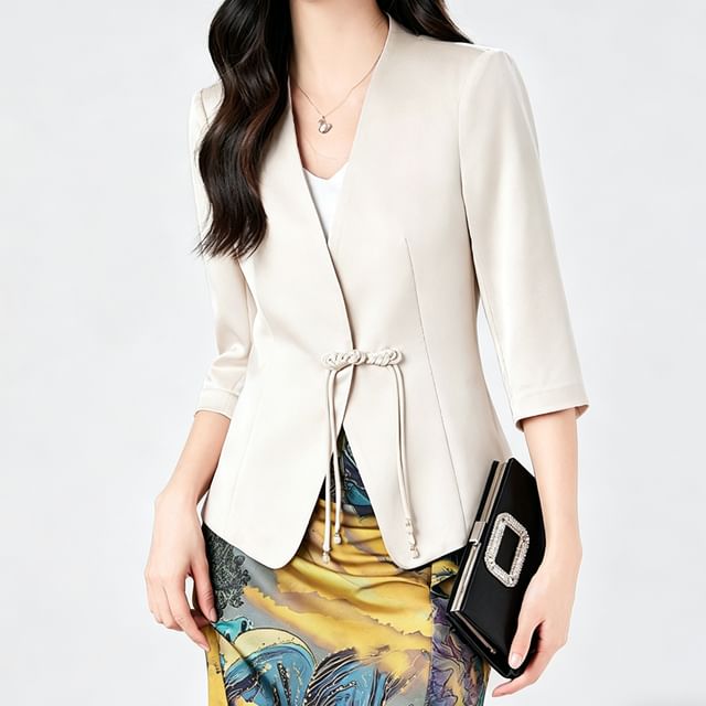 Skyheart-34-Sleeve Frog Buttoned Plain Blazer