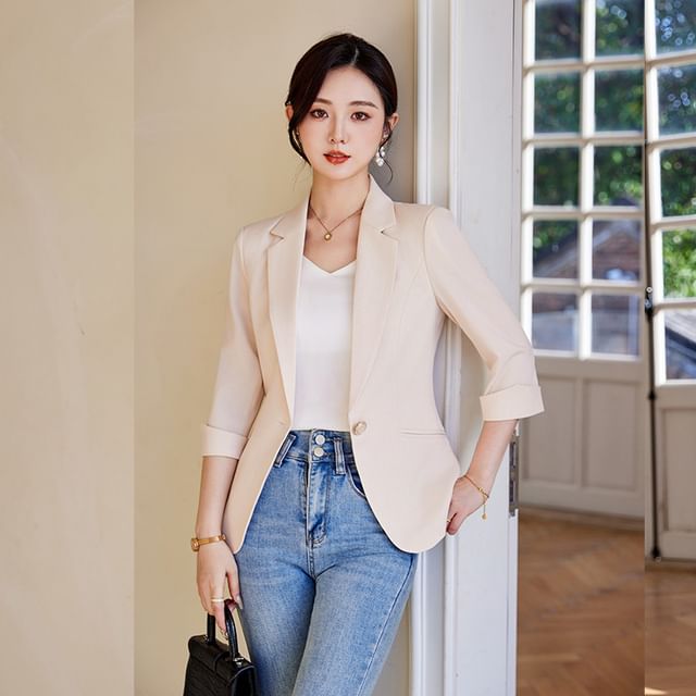 Skyheart-34-Sleeve Notch Lapel One-Buttoned Plain Blazer