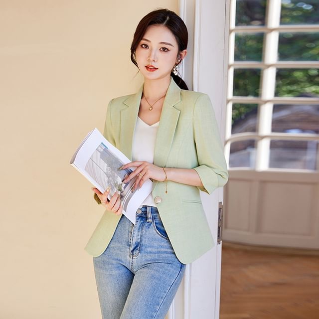 Skyheart-34-Sleeve Notch Lapel One-Buttoned Plain Blazer