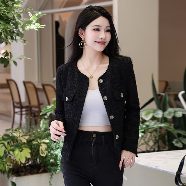 Skyheart-Crewneck Button-Up Plain Crop Jacket