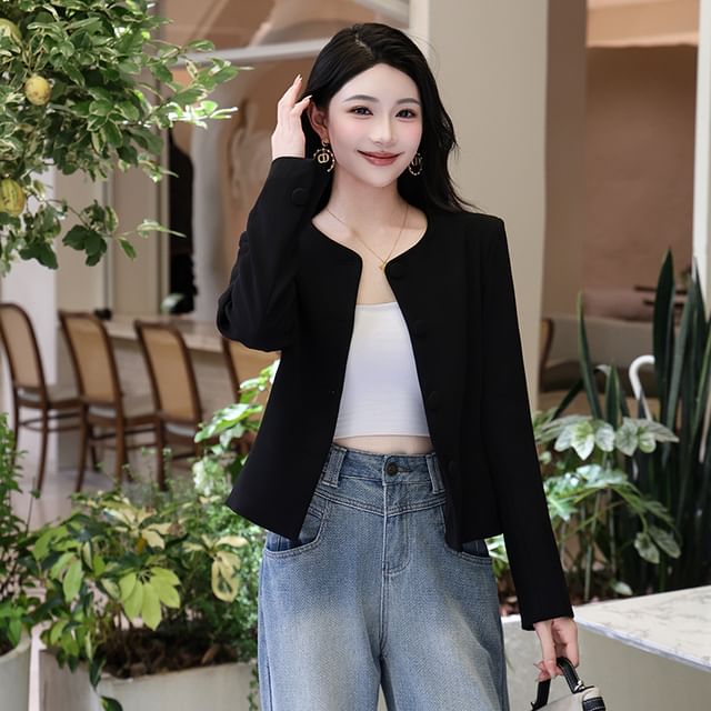 Skyheart-Crewneck Button-Up Plain Jacket