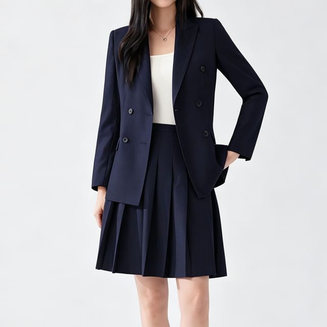 Skyheart-Double Breasted Plain Blazer Mini Pleated Skirt Set
