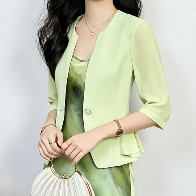 Skyheart-Elbow-Sleeve One Buttoned Plain Blazer